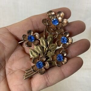 VTG Large Floral Sterling Brooch Rose And Gold Blue Stones NICE!!!